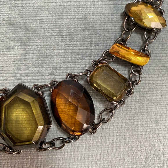 Chico’s bib choker collar style faceted stone topaz/gold, gunmetal chain 15-20” - Picture 4 of 15